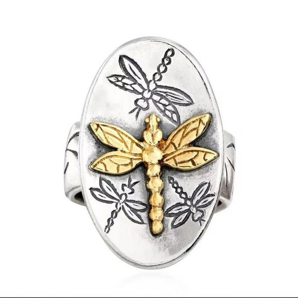 Sterling Silver Vintage Oval Golden Dragonfly Signet Ring - Picture 3 of 7